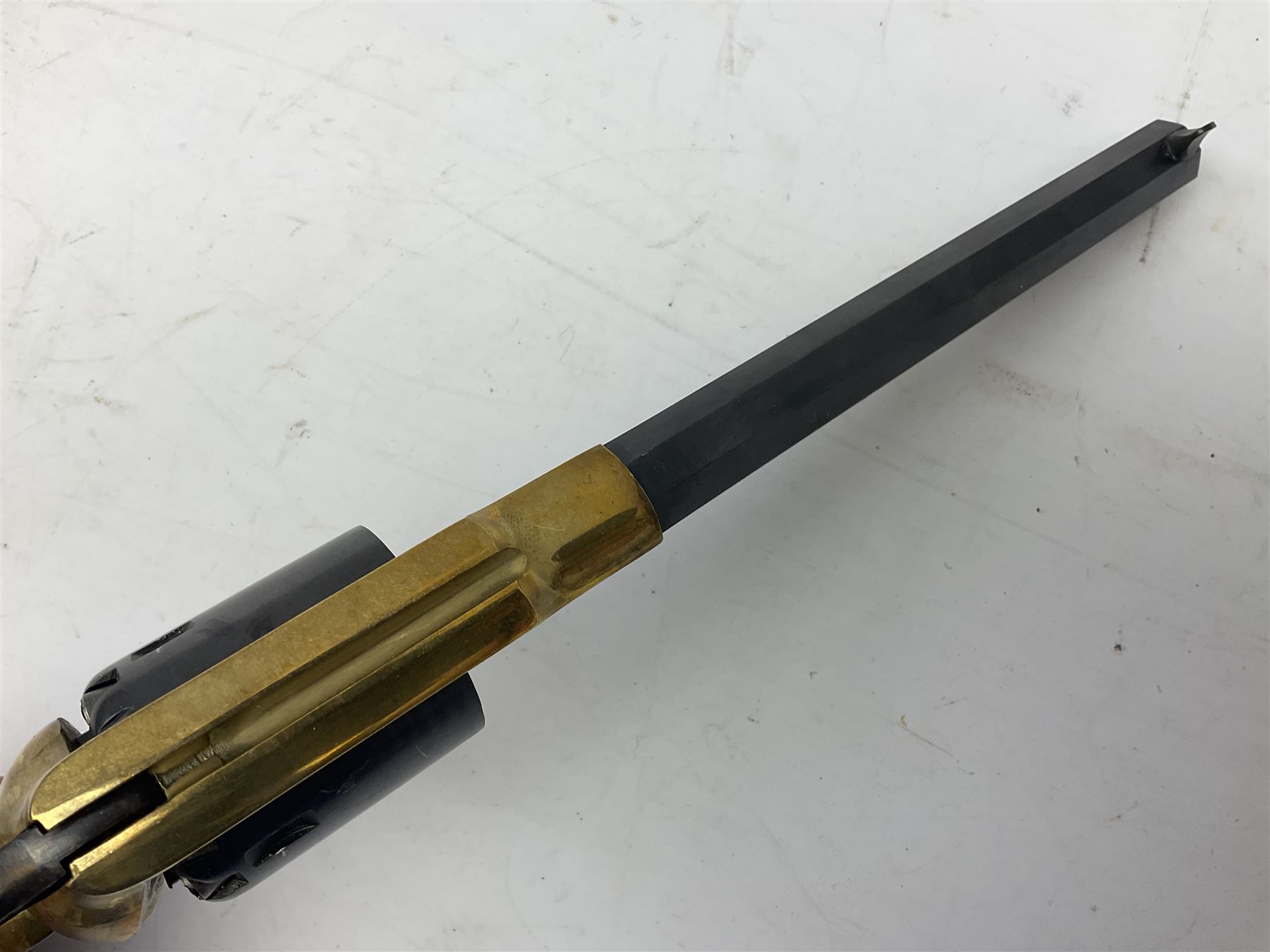 REGISTERED FIREARMS DEALER ONLY Modern Remington .44 calibre percussion brass framed army revolver, possibly by Uberti, with 16cm octagonal barrel, No.225; partially deactivated to old specification with no certificate L36cm overall - Disposed 25.06.25 - Notified 24.07.25