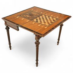 19th century mahogany fold-over card table, the crossbanded rectangular top opening to reveal an inlaid games centre with chessboard and backgammon designs, raised on turned and reeded legs with extending rear supports