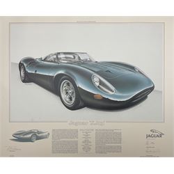 Three limited edition Jaguar prints with certificates, 'Jaguar E-Type' numbered 037, 'Jaguar D-Type' numbered 425, and 'Jaguar XJ13' numbered 425, signed Stirling Moss, Norman Dewis and John Francis and numbered in pencil unframed 47cm x 61cm
