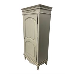 French style white finish wardrobe, enclosed by single panelled door, on turned feet