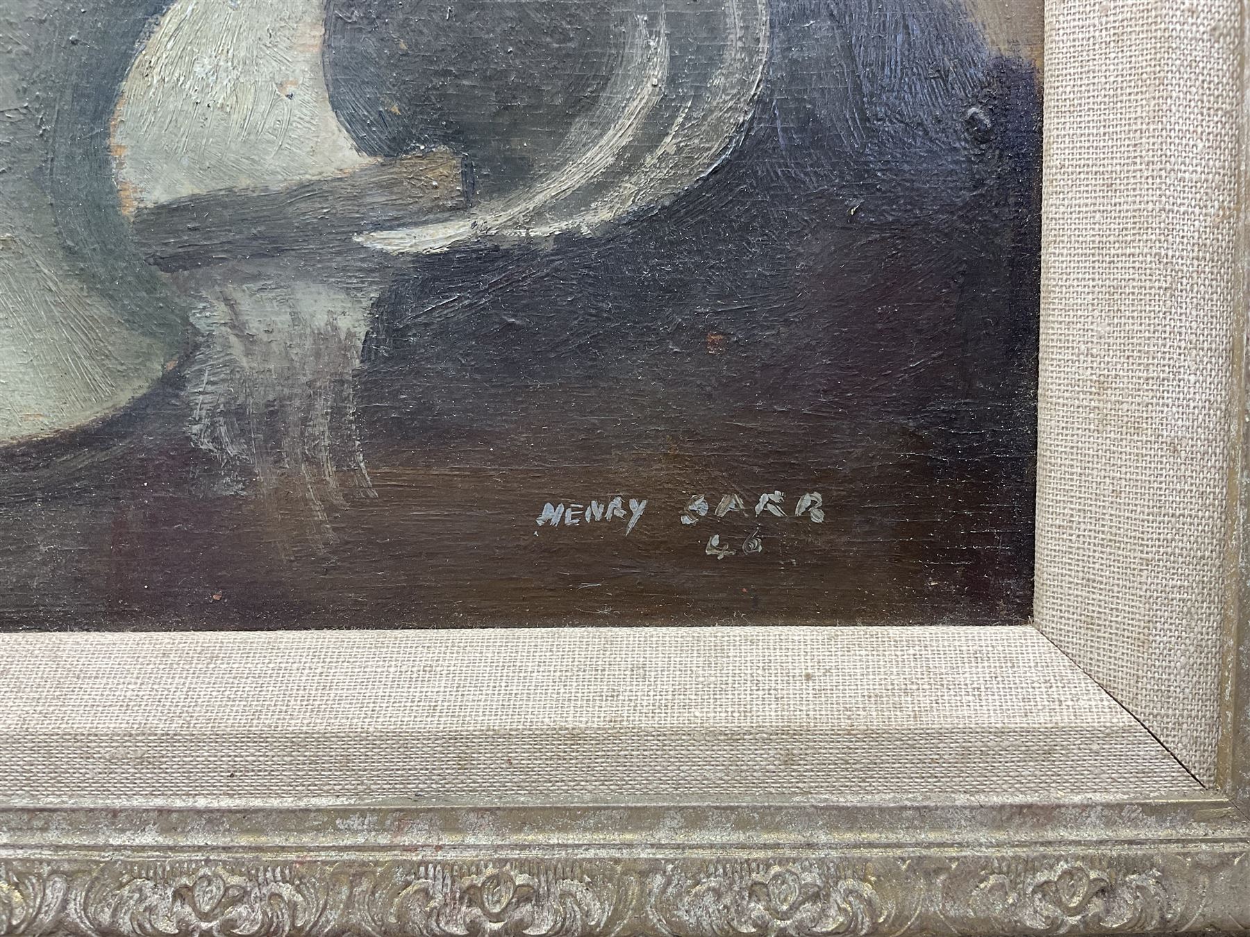 Henry Marvell Carr (British 1894-1970): Still Life of Flowers in Blue and White Vase, oil on canvas signed and dated '46, 39.5cm x 34.5cm 