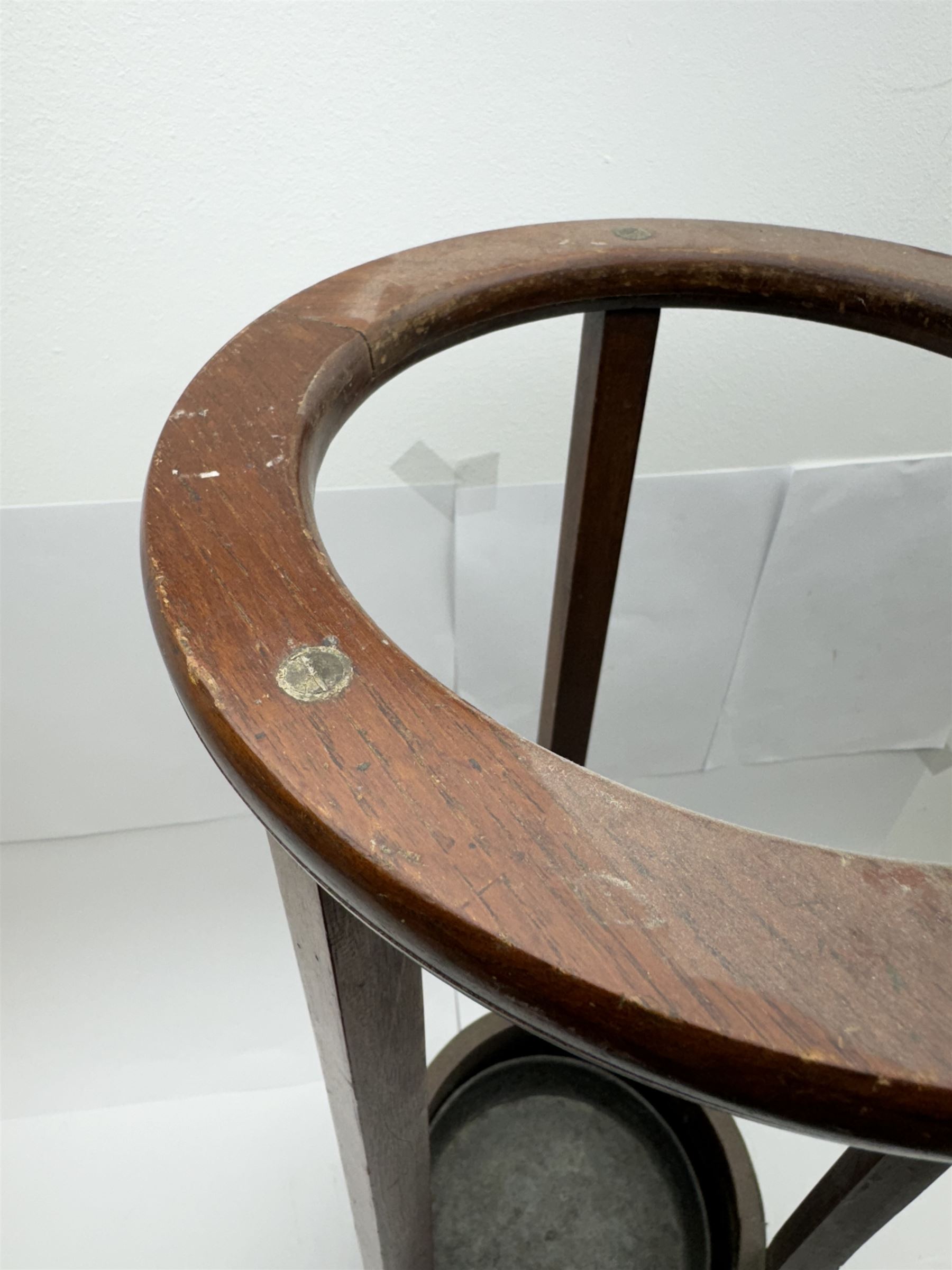 Wooden stick/umbrella stand of circular form with metal drip tray, H75cm