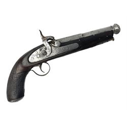 19th century continental single barrel percussion travelling pistol, approximately .55 calibre, the 14cm octagonal to cannon barrel with ram rod under, full walnut stock with chequered grip and steel furniture