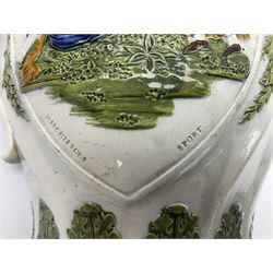 Early 19th century Prattware jug, circa 1800, decorated with two heart shaped panels of children, titled Sportive Innocence and Mischievous Sport, further decorated with acanthus and foliate borders, H22cm
