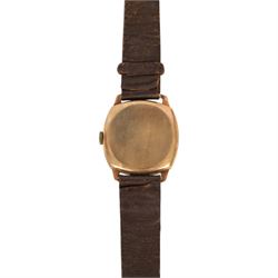 Senate 9ct rose gold manual wind wristwatch, hallmarked, on brown leather strap