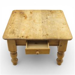 20th century stripped pine coffee table, square top over two frieze drawers, raised on block and turned supports