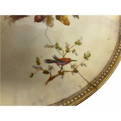 19th century Royal Worcester dessert tazza, the circular top hand painted with birds to each side, upon a trefoil base and stem with three supports in the form of butterflies, heightened with gilt throughout, with puce printed mark beneath, H19.5cm D24cm