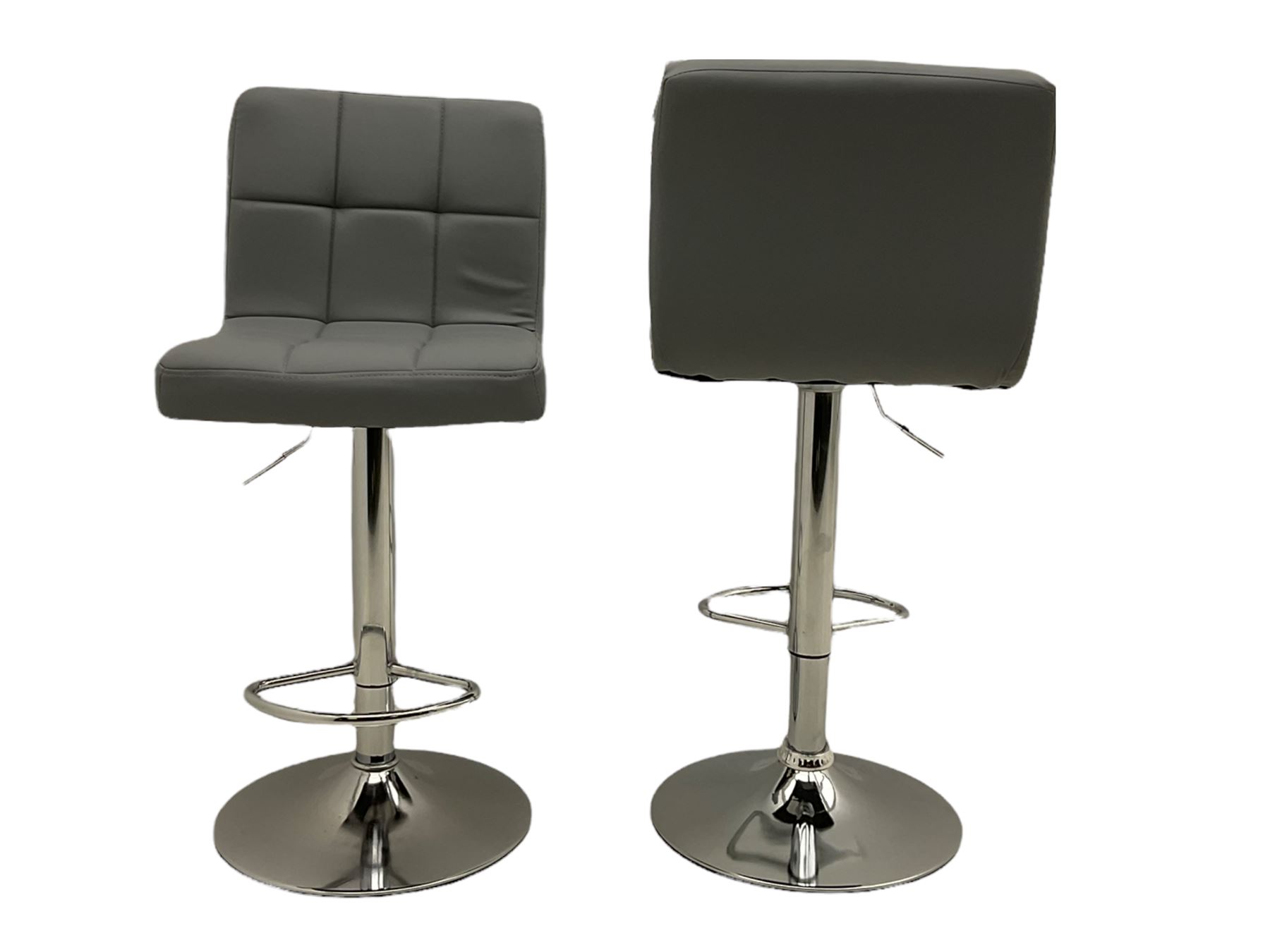 Pair contemporary bar stools, upholstered in grey, on polished metal base