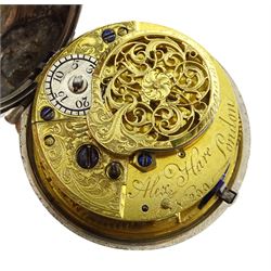 18th century silver pair cased verge fusee pocket watch by Alexander Hare (London ca.1781-1824), No. 200, square baluster pillars, pierced and engraved balance cock, white enamel dial with Roman hours and outer Arabic minute ring, beetle and poker hands, case makers mark G H, London 1770, with a fabric watchpaper embroidered with map of Europe