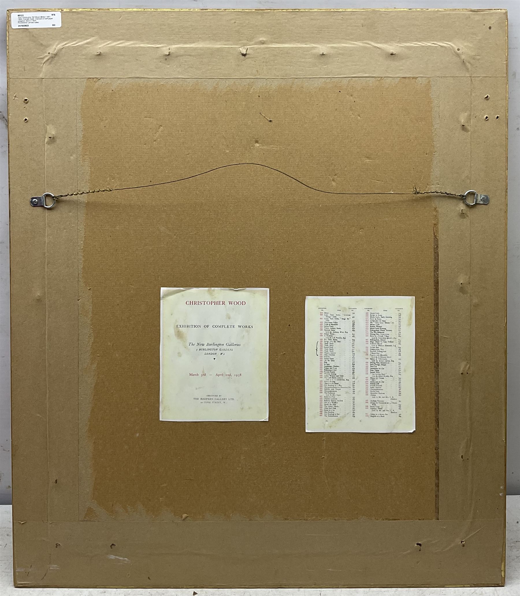 John Christopher 'Kit' Wood (British 1901-1930): Female Nude, charcoal on buff paper unsigned 30cm x 19cm 
Provenance: private collection; exh. 'Christopher Wood - Exhibition of Complete Works', New Burlington Galleries, London, March - April 1938, facsimile labels verso