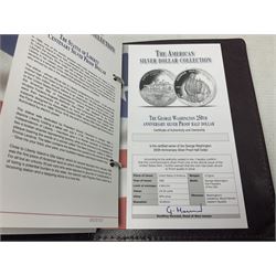 Five United States of America commemorative silver proof coins, comprising 1986, 1987, 1989, 1992 one dollars and 1982 half dollar, all with certificates