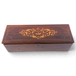 19th century Swiss rosewood music box, with boxwood foliate inlaid and strung rectangular top, with cylinder and comb movement stamped Henriot, Geneve, serial no. 14818, H13cm, W50cm