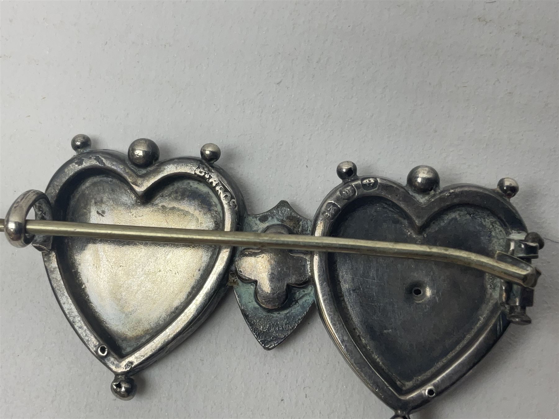 9ct gold Masonic compass initial C pendant, and a Victorian silver sweetheart brooch, commemorating the Diamond Jubilee of Queen Victoria