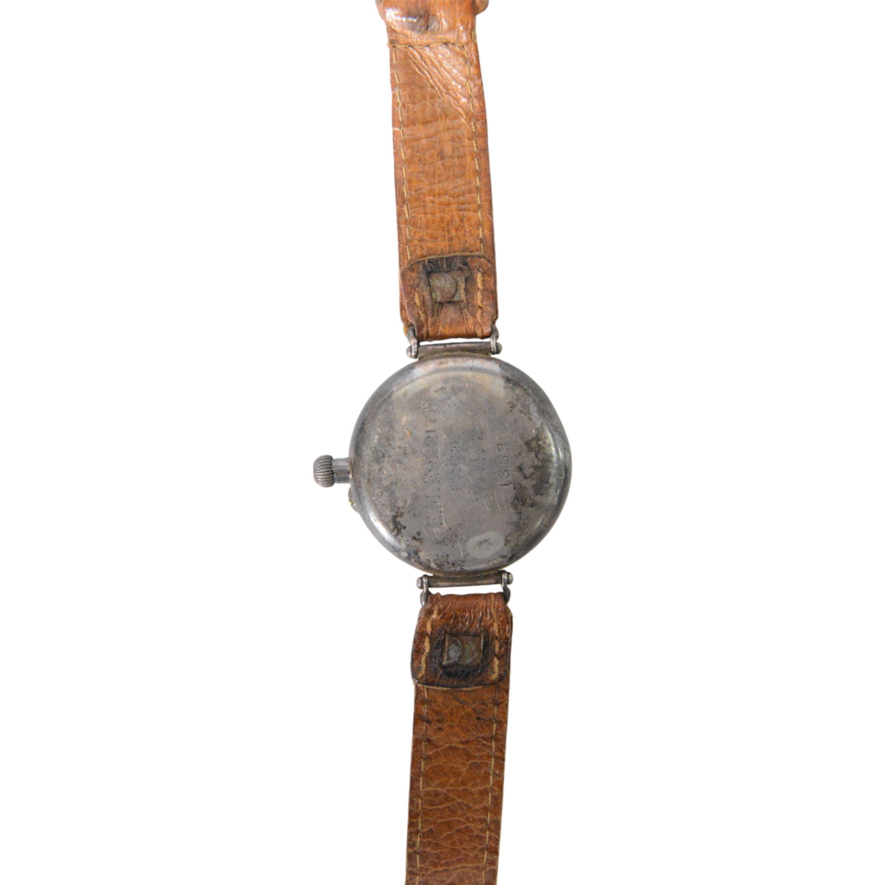 Silver cased trench watch enamel dial with Roman numerals, red XII, Longines movement, used in the Boer war, inscribed to the back 'E M Everitt From W.E Everitt 1882' 