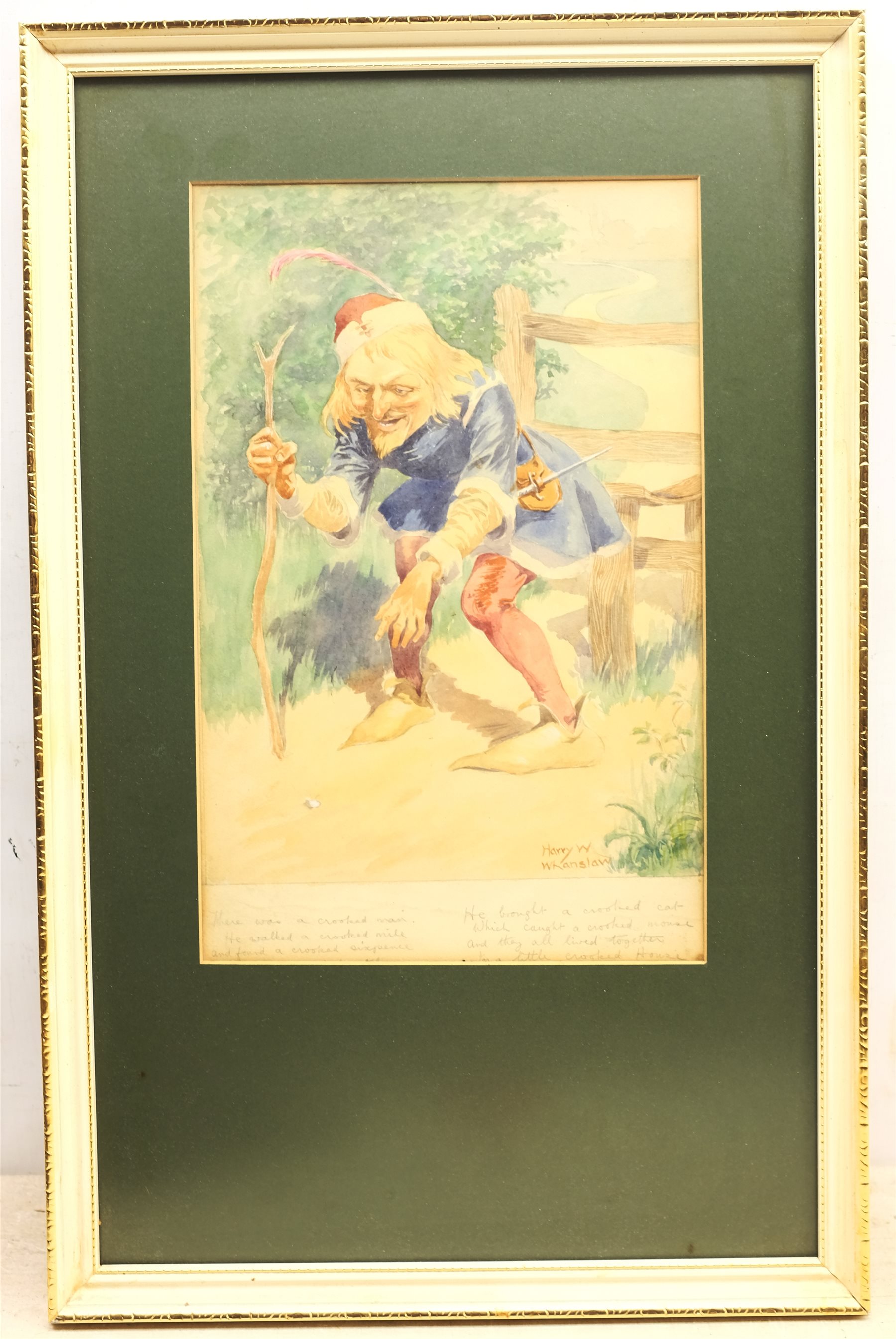 Harry William Whanslaw (British 1883-1965): 'There Was a Crooked Man', watercolour signed and inscribed with the rhyme's lyrics beneath 36cm x 23cm