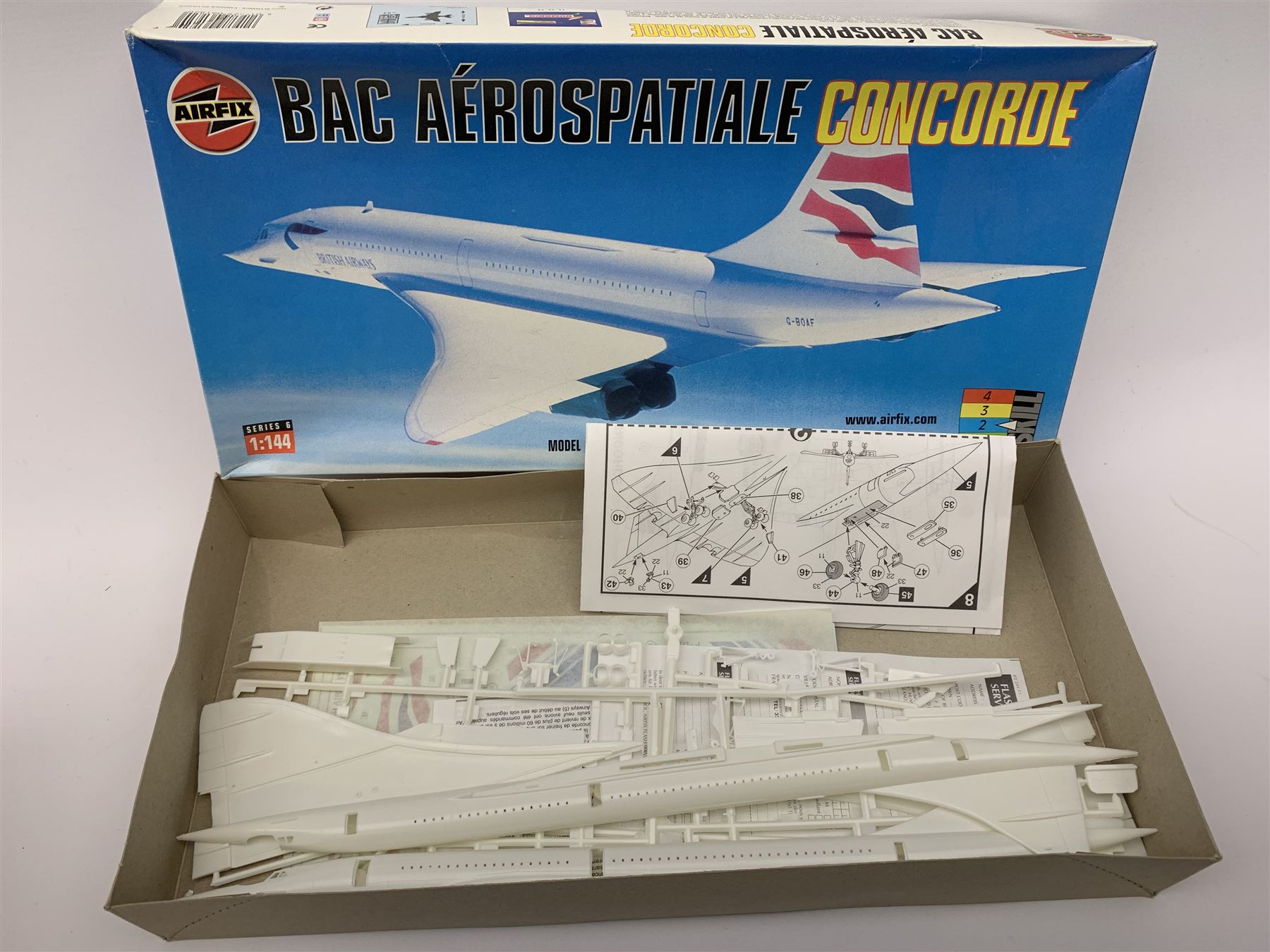 Nine assorted plastic model kits by various makers including Airfix 1/144th scale Concorde, Revell British S.E. bi-plane, Horizon Tyrannosaurus Rex, Tomy Zoids, Matchbox Sea Harrier, Italeri Harrier Falkland and three aircraft by Academy; all boxed, most in factory sealed transparent packaging (9)