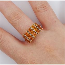 9ct gold three row square cut orange sapphire and round brilliant cut diamond ring, hallmarked, total sapphire weight approx 2.15 carat