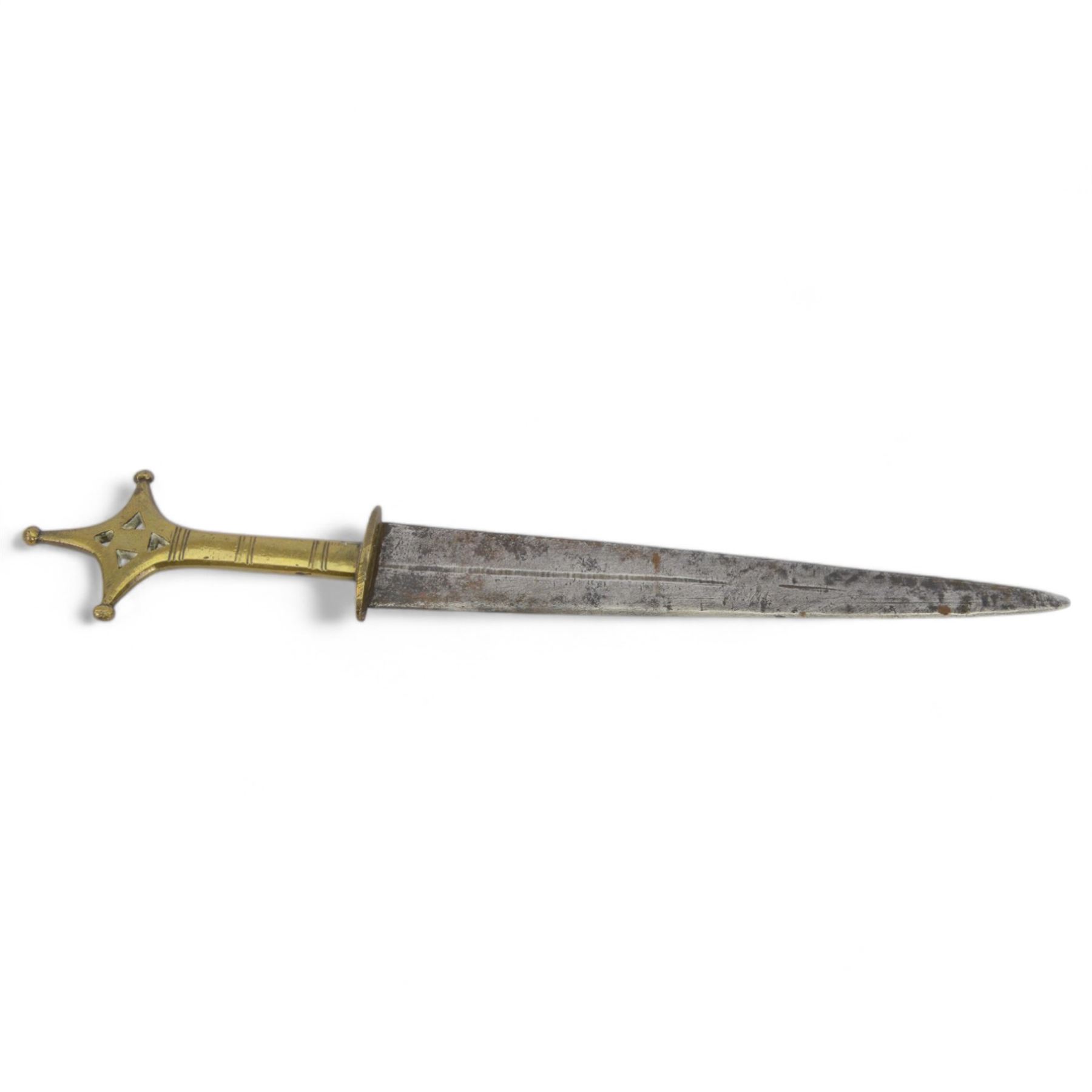 African Sudanese side-arm dagger with brass handle with cross detail, in leather scabbard, together with a collection of swords 