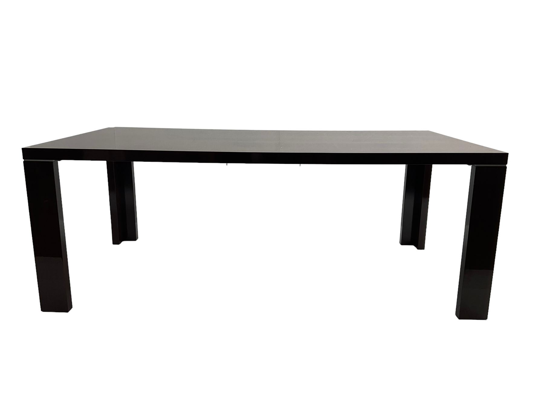 Large American walnut rectangular dining table on square block supports, together with set eight high back dining chairs with cream upholstered seats, the top and chair backs with matching inlaid geometric banding