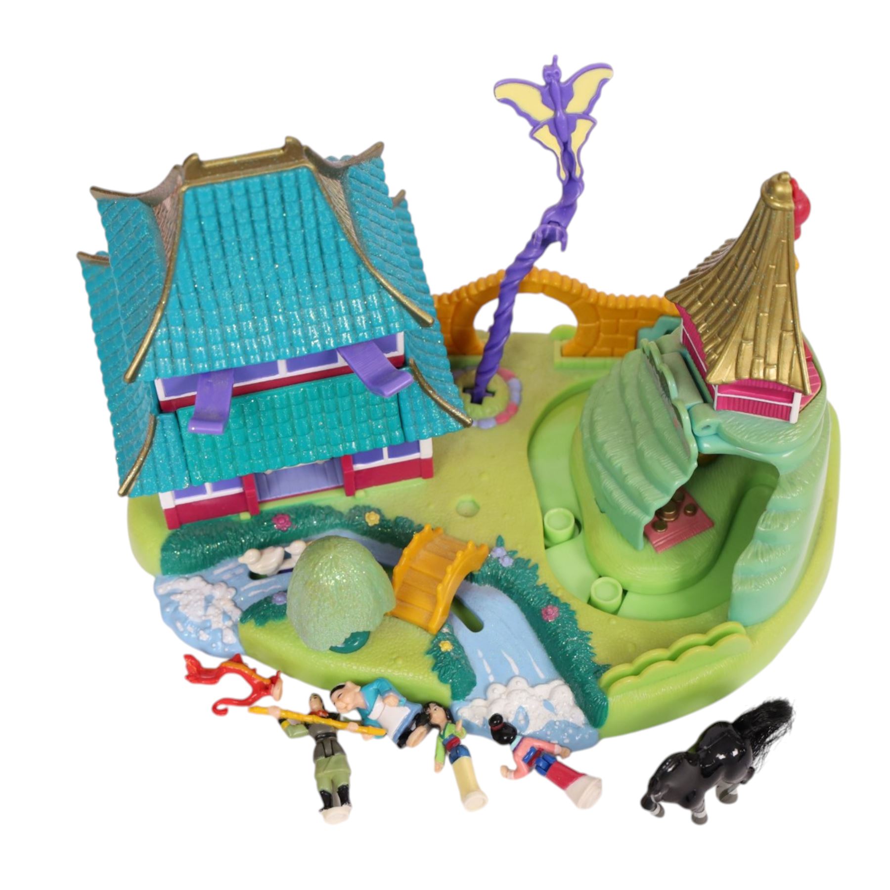 Five Bluebird Polly Pocket Disney playsets, comprising 1998 Jungle Book, complete with three dolls, village hut and tree swing, 1998 Winnie the Pooh 100 Acre Wood, with Winnie the Pooh, Piglet, Tigger, Eeyore and Roo figures and honeypot accessory, 1996 101 Dalmatians Puppies' Adventure, with Cruella De Ville and six puppies, 1995 Cinderella's Enchanted Castle, complete with eight dolls and carriage  and 1997 Mulan's Brave Journey with four dolls and Khan the horse