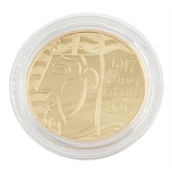 Queen Elizabeth II 2017 gold proof five pound coin commemorating 'The 1000th Anniversary of the Coronation of King Canute', No. 73/150, boxed with certificate