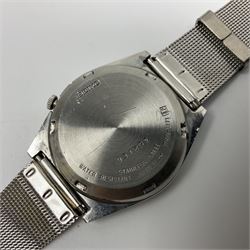 Seiko 5 gentlemans automatic stainless steel wristwatch, with blue dial, yellow markers and day/date apeture, ref no. 7009-3171, on stainless steel strap