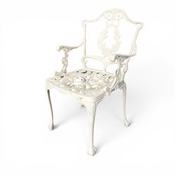 Victorian design cast aluminium garden table and twin armchairs featuring a pierced floral wreath splat, over a stylised scrolling acanthus leaf seat, including parasol