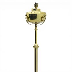 20th century brass standard lamp, urn form reservoir top with hinged cover, on a slender column with knopped detail, the stem fitted with scrolling supports, raised on a triform base with shaped cabriole supports terminating in pad feet