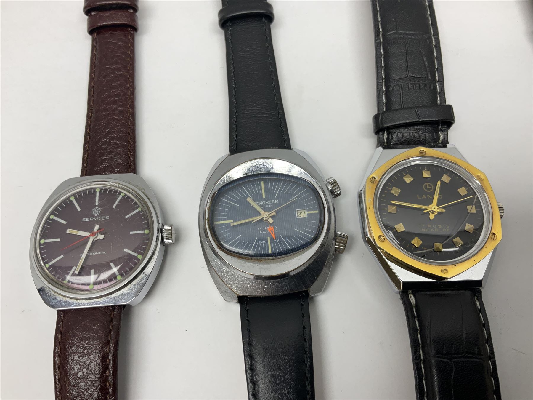 Two automatic wristwatches including Tara and Helbros and six manual wind wristwatches including Memostar alarm, Belmont alarm, Lanco, Tegrov, Superoma De Luxe and Services (8)