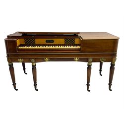 James Rigg, London -early 19th century mahogany and maple square piano c1817, with a 68 key compass (A-C) original hammers, jacks and felt, satinwood interior with ebony and ivory keys, the fretwork interior back inscribed 'James Rigg, 3 Providence Row, Finsbury Square, London', decorated with twist gilt metal edging, fitted with three drawers, on Gillows design turned and reeded supports with brass cups and castors.

This item has been registered for sale under Section 10 of the APHA Ivory Act