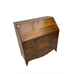 George III mahogany bureau, fall-front enclosing fitted interior with pigeonholes and drawers, with bone handles, over three graduating drawers, on bracket feet