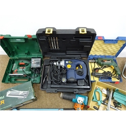  Bosch PST 850PE jigsaw, a Bosch CSB 550 drill, a PRO CLM850WRHD rotary hammer drill, and a quantity of other tools etc  