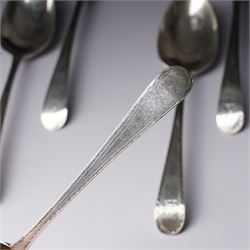 Set of six George III silver dessert spoons with bright cut stems and engraved with a crest London 1783 Maker Hester Bateman