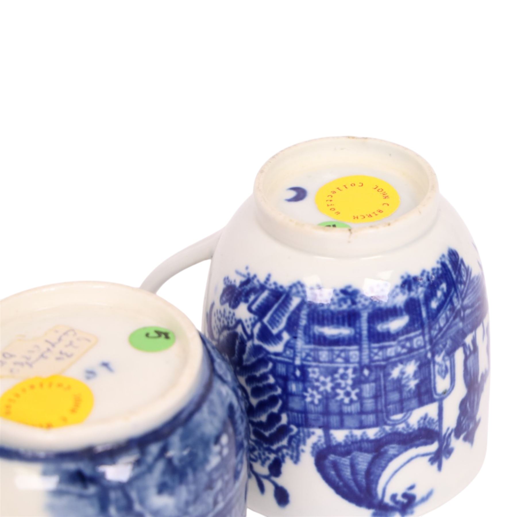 Worcester blue and white coffee cup, decorated in the Fisherman or Pleasure Boat pattern, circa 1775, together with a Worcester blue and white coffee can, decorated in the Prunus pattern, circa 1770-1775, and a Caughley blue and white custard cup, decorated in the Willow Nankin pattern, circa 1784-1792, each with marks beneath, custard cup H5.5cm