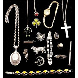 Silver and stone set silver jewellery including oval locket pendant, spaniel brooch, Irish shamrock brooch, amber and enamel bracelet, swivel fob pendant necklace etc and a 9ct gold wristwatch on gilt metal strap