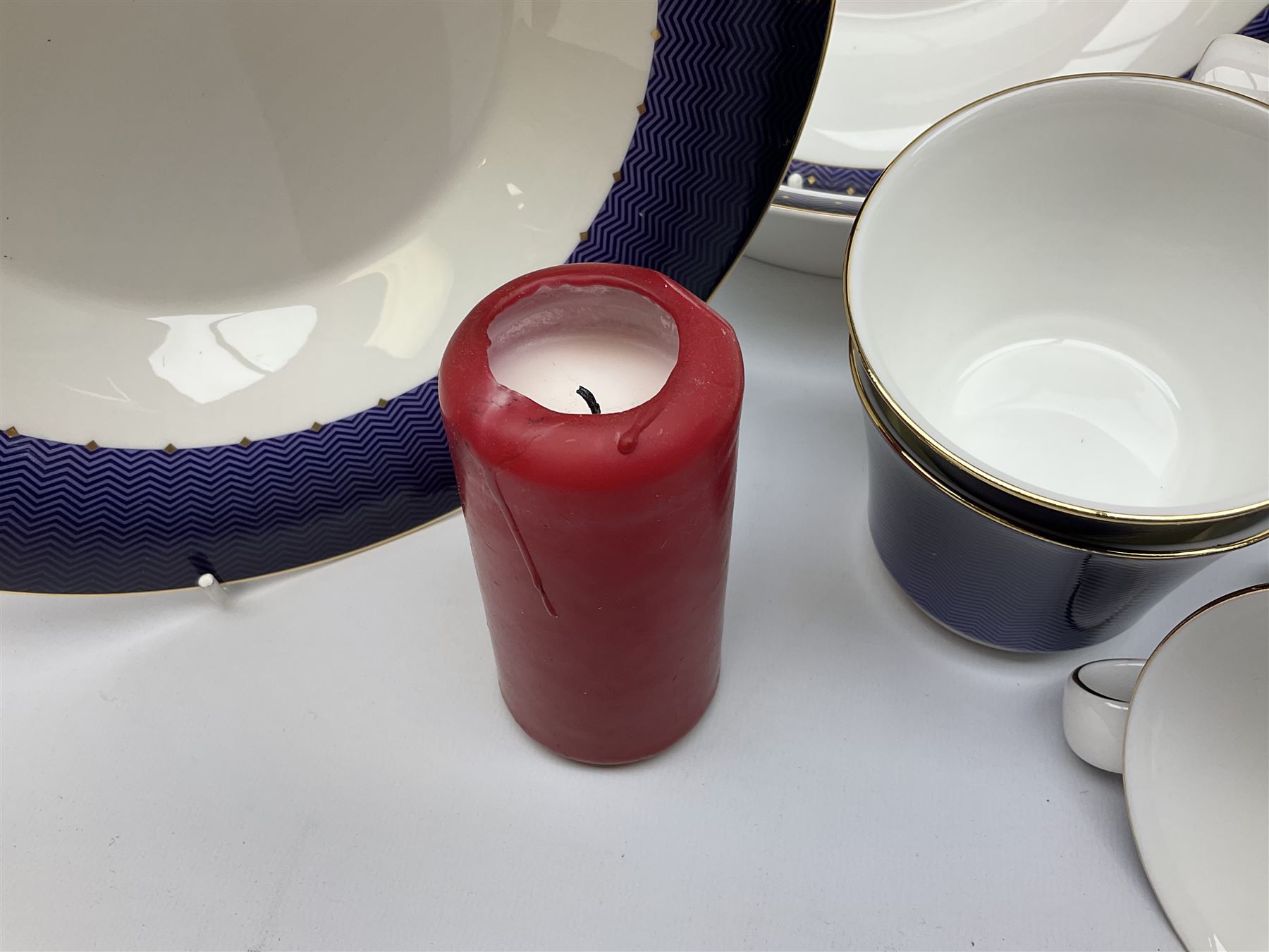 Wedgwood Midnight pattern tea and dinner wares, comprising seven cups and saucers, large jug, eight soup bowls, two large bowls, together with wedgwood citrons coffee wares