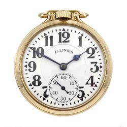 Illinois Watch Company gold-plated open face Elinvar 'Bunn Special' 161A, keyless 21 jewels motor barrel, lever railroad pocket watch, No. 5496567, white enamel dial with Arabic numerals and subsidiary seconds dial, screw back case No. 84465, model No. 107