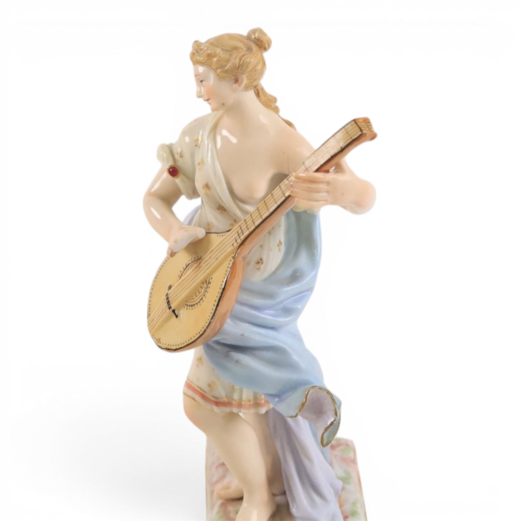Karl Ens of Volkstedt figure group, modelled as a woman and cherub in a garden, with printed mark beneath, together with another figure modelled as a muse 