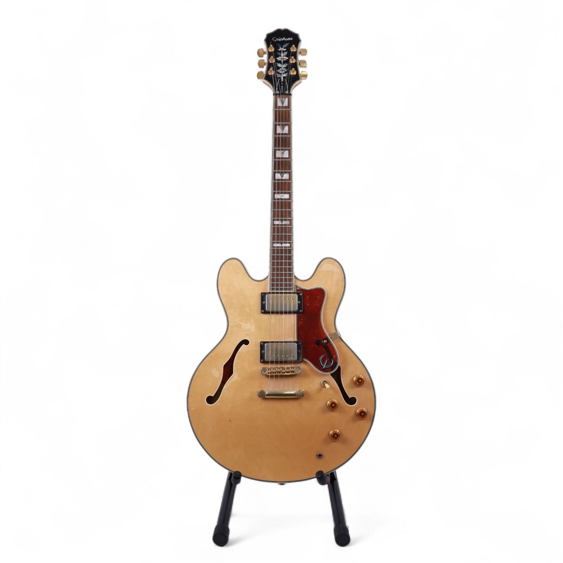 Epiphone by Gibson Sheraton semi-hollow electric guitar, serial no. S98081744 made in Korea c.1998, with natural blonde body, maple neck, fretboard with abalone and mother of pearl split block markers, with inlaid mother of pearl tree of life design and Epiphone logo to headstock, L109cm