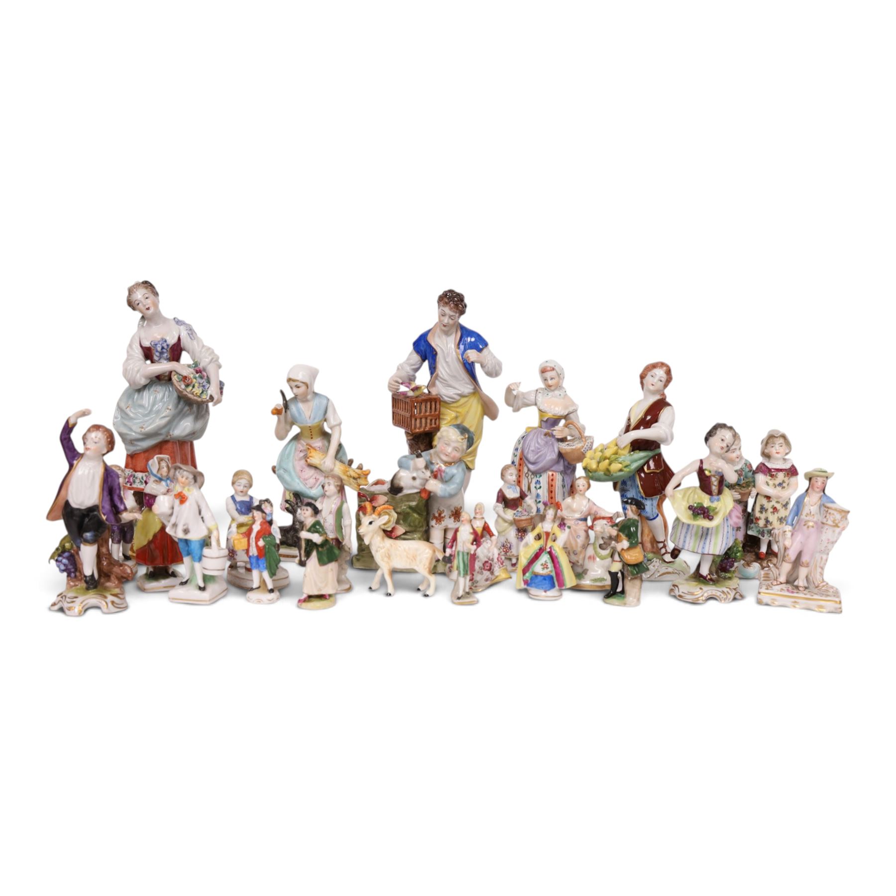 Volkstedt, pair of figures, the flower seller and the bird seller, together with Dresden fruit seller and card seller, with other continental figures
