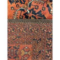 Large Afghan Turkman carpet, terracotta field decorated with repeating stylised plant motifs, multiple band border 