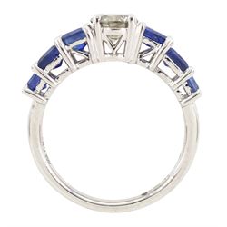 Platinum seven stone diamond and sapphire ring, the principal round brilliant cut diamond of approx 0.70 carat, with three princess cut sapphires set either side, hallmarked, total sapphire weight approx 1.95 carat