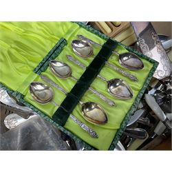 Set of four hallmarked silver teaspoons modelled on spoons from the Roman Imperial period, silver fork, and quantity of silver plated and other cutlery to include Walker & Hall, in two boxes