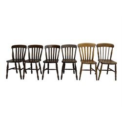 Set four elm farmhouse style dining chairs; 19th century stick back chair; and 19th century elm and beech chair (6)