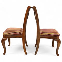 Willis & Gambier - mahogany extending dining table, rectangular top with rounded corners on cabriole legs, with two 35cm extension leaves, four Willis & Gambier upholstered high back chairs and four mahogany chairs, upholstered in a stripped multi-coloured velvet fabric, with scroll-shaped top rail, lyre-shaped back splat on cabriole legs, chairs W46xD91x97cm (11) 