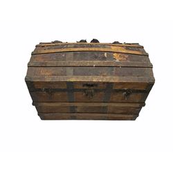 Early 20th century wood and metal bound dome top travelling trunk