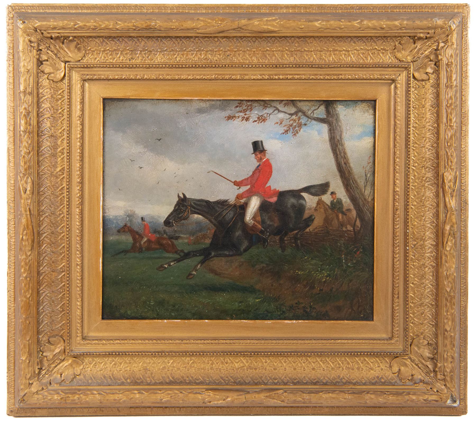 After Samuel Henry Alken (British 1810-1894): The Steeplechase - Clearing a Hedge, oil on panel signed with monogram SA and dated 1863, 22cm x 27cm 