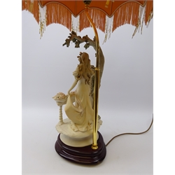  Large Florence Giuseppe Armani table lamp, modelled as a lady collecting flowers from a balcony, with beaded and fringed shade (H85cm including shade)  