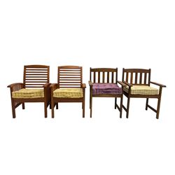 Teak conservatory coffee table, rectangular strap top over tapered supports (W118cm D70cm H47cm); and two pairs of teak conservatory armchairs with seat cushions