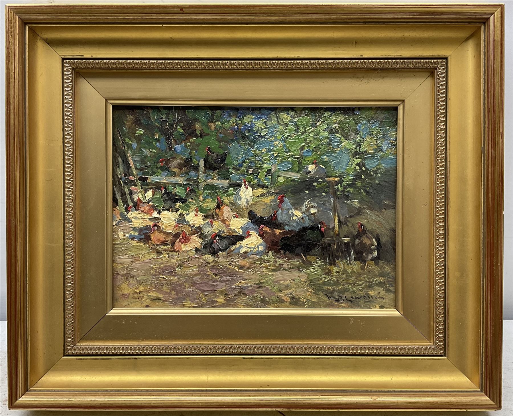 William Bradley Lamond (Scottish 1857-1924): Poultry, oil on board signed 16cm x 22cm
Provenance: with McEwan Fine Art, Aberdeen, label verso